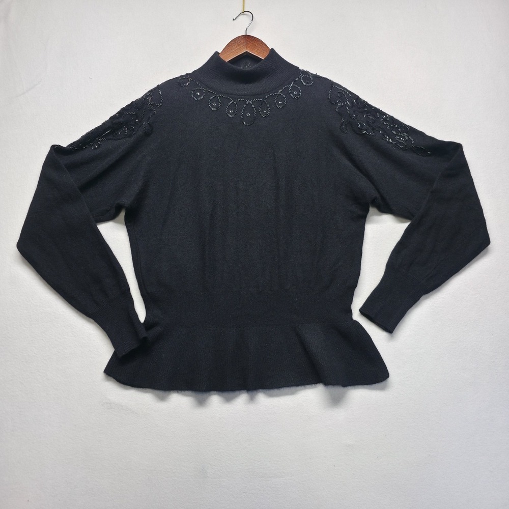 Vintage TJW by Mervyn's Women's Black Wool Angora Rabbit Beaded Sweater Size L
